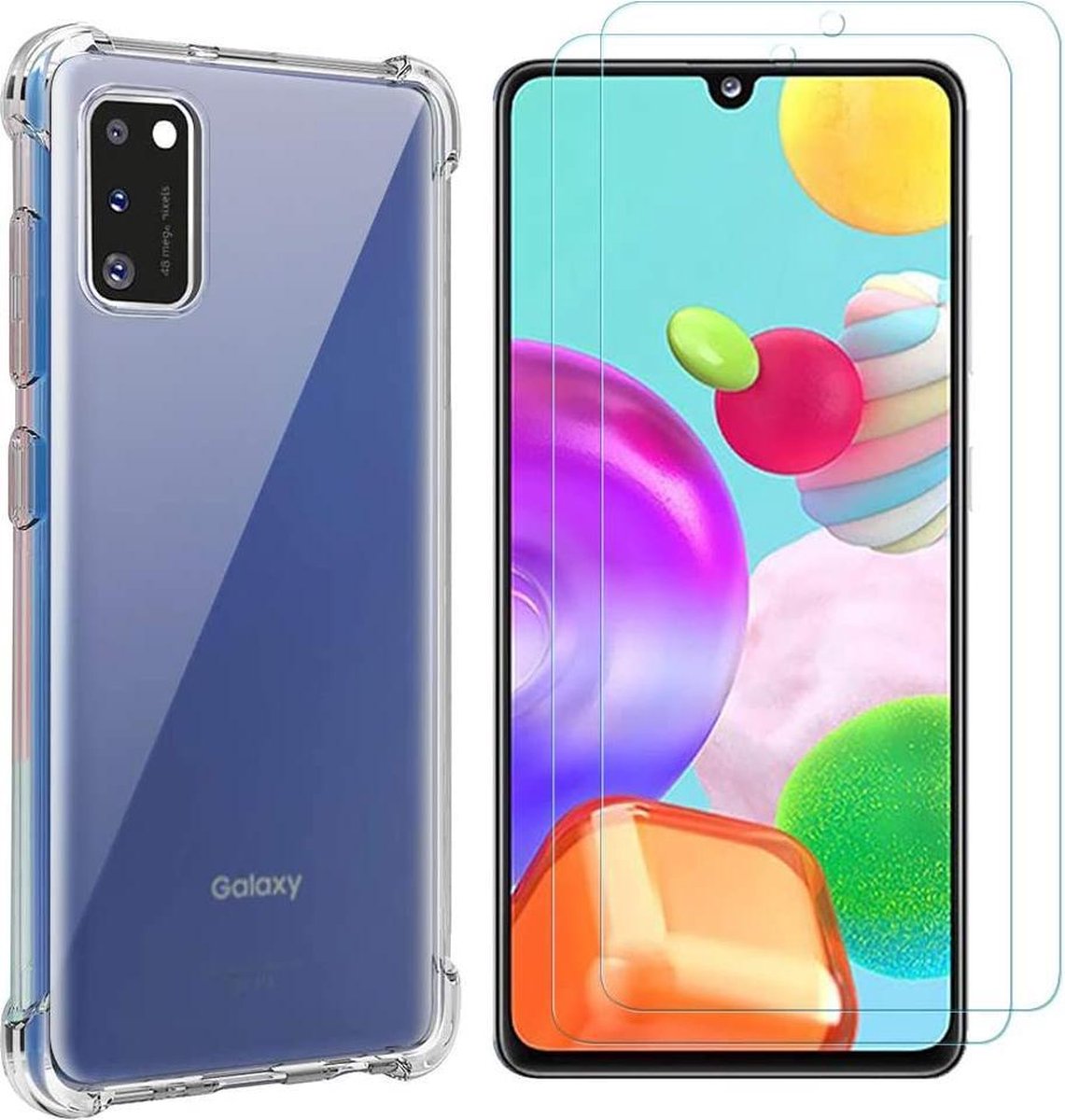 Samsung Galaxy A41 Anti-shock Silicone hoesje + 2X Tempered Glas Screenprotector