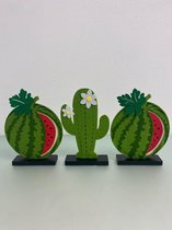 Decoratieve beelden van stof en hout (watermeloen/cactus) - set van 3 stuks (rood/groen/zwart)