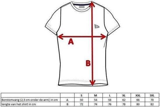 Schema van een lichtgrijs T-shirt met afmetingen A en B.