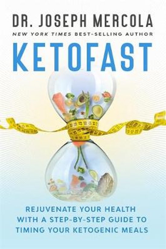 Boek "KetoFast" van Dr. Joseph Mercola, met een zandloper gevuld met keto-voedsel, omwonden met een gele meetlint.
