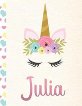 Julia: Personalized Unicorn Primary Handwriting Notebook For Girls With Pink Name - Dotted Midline Handwriting Practice Paper