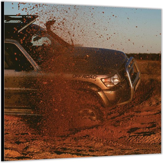 Dibond –Rijdende Off Road Auto door de Woestijn– 80x80 Foto op Aluminium (Met ophang)