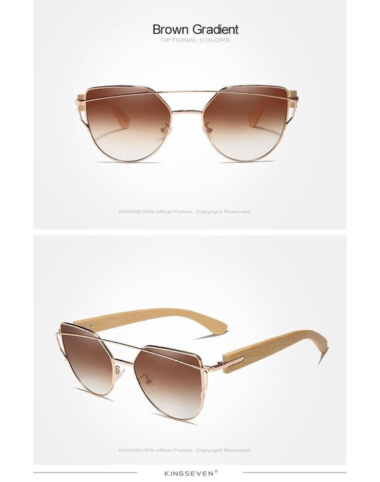 Kingseven Bamboo - handgemaakte hoog kwaliteit houten pootjes - Cat Eye vorm - origineel kingseven houtendoosje - Bruin/Goud montuur van Merkloos — afbeelding 2