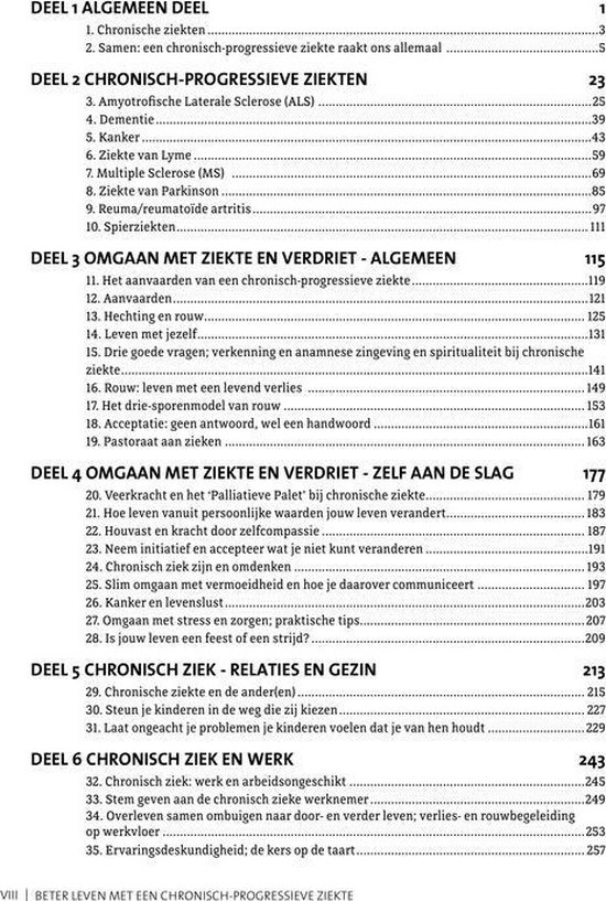 Boekpagina met inhoudsopgave voor "Beter leven met een chronisch-progressieve ziekte". Tekst in het Nederlands.