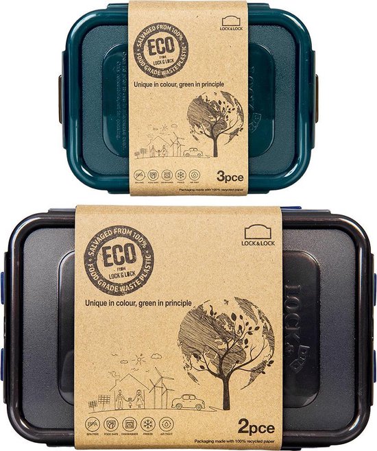 Contenants pour aliments frais Lock & Lock ECO | Boîte à lunch | Boîtes à collations - Set de 5 pièces - Rectangulaires
