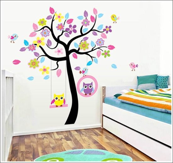 Muursticker boom met vrolijke uiltjes - Decoratie kinderkamer / babykamer jongens | bol.com