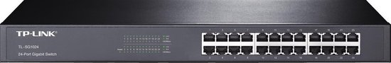 Zwarte TP-Link TL-SG1024 24-poorts Gigabit Switch met 24 ethernetpoorten en statuslampjes.
