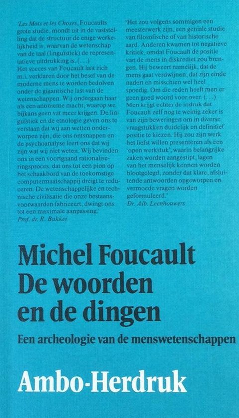 Boek kaft met de titel "De woorden en de dingen", een archeologie van de menswetenschappen, door Michel Foucault. Ambo-Herdruk.