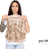 Wavy clip-in hairextension 60 cm lang krullend haar synthetisch, bruin blond mix kleur #F12/613 van Mi Loco Loco hair extensions clip in haar