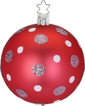 Twee kerstballen Rood met Witte en Zilver roze Glitter Stippen 8 cm - handgemaakt in Duitsland