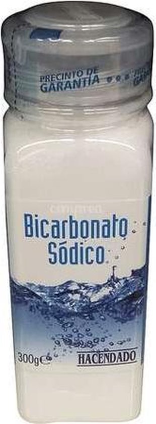 Witte plastic fles met blauw label 'Bicarbonato Sódico' en een golfontwerp. 300g.