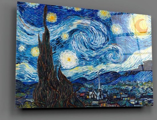 Glasschilderij - De Sterrennacht van Gogh - Wanddecoratie - Foto Op Glas - 110x70 cm - 4 mm