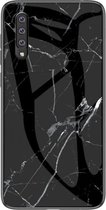 Samsung Galaxy A70 Marmer hoesje - Zwart - Wit - case - cover - TPU + Gehard Glas