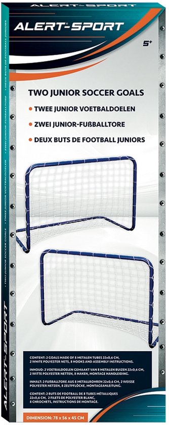 Twee junior voetbaldoelen van ALERT-SPORT, met blauw metalen frame en wit net. Afmeting: 78x56x45 cm.