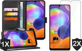 Hoesje geschikt voor Samsung Galaxy A31 - 2x Screen Protector GlassGuard - Book Case Leer Pasjeshouder Zwart & Screenprotector