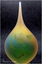 Urn van glas met naam en afbeelding herdershond-Druppel Medium urn 180ml-Groen en Geel-Urn crematie as HERDERSHOND-Urn deelbestemming crematie as hond-Urn Dieren-Urn huisdier-Krist