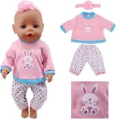 Poppenkleertjes - Geschikt voor Baby Born - Pyjama met haarband - Konijn - Roze met stipjes - Shirt met lange mouwen & lange broek