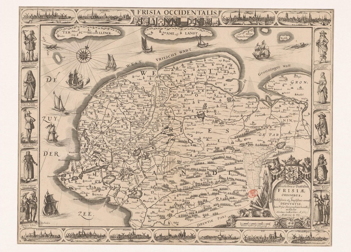 Esque Poster Historische Oude Kaart Friesland - Plattegrond - Antieke Prent met o.a. Leeuwarden - 50x70 cm Losse Poster