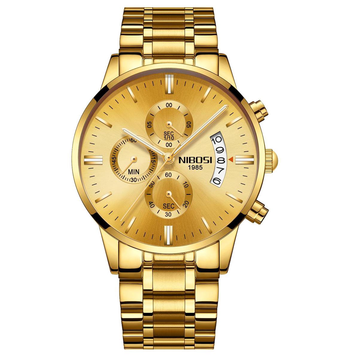 NIBOSI Horloges voor mannen - Horloge mannen - Luxe goud op goud Design - Heren horloge - Ø 42 mm - Goud - Roestvrij Staal - Waterdicht tot 3 bar - Chronograaf - Geschenkset met verstelbare pin