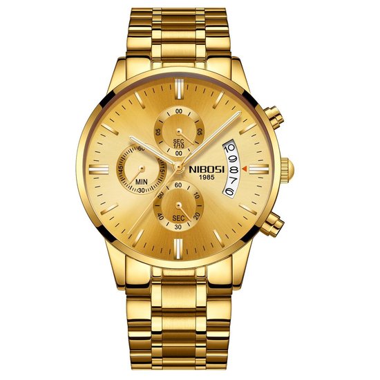 NIBOSI Horloges voor mannen - Horloge mannen – Luxe goud op goud Design - Heren horloge - Ø 42 mm – Goud - Roestvrij Staal - Waterdicht tot 3 bar - Chronograaf - Geschenkset met verstelbare pin