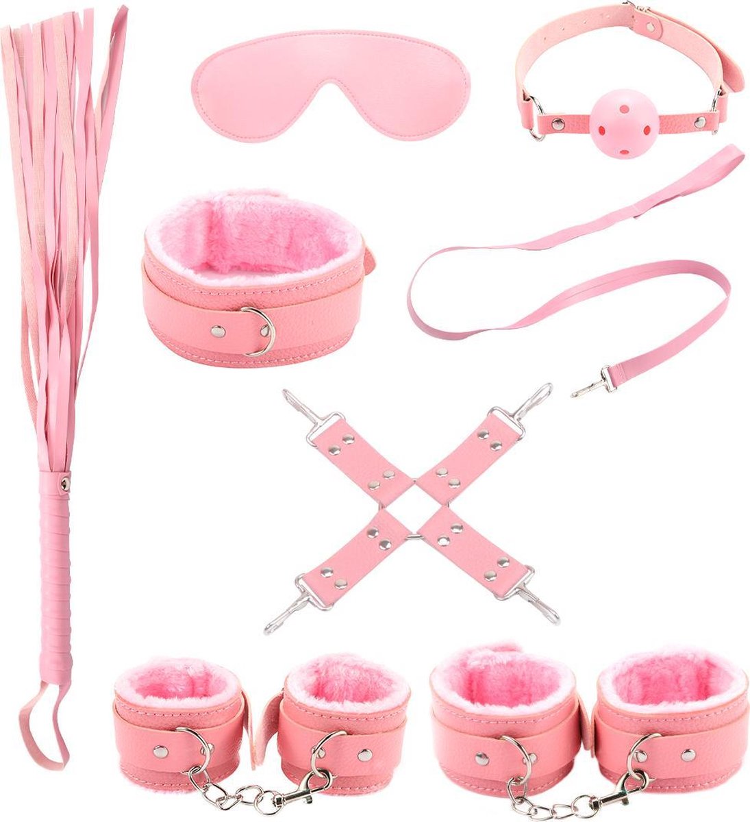 Goedkoopste BDSM - Starters kit - Bondage set - Handboeien - Oogmasker - Enkelboeien - Gagball - Zweep - Hogtie - Roze