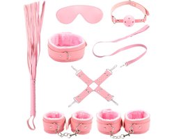 BDSM - Starters kit - Bondage set - Handboeien - Oogmasker - Enkelboeien - Gagball - Zweep - Hogtie - Roze