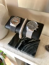 DOUBLE Watch Stand / Display / Horlogestandaard - Zwart Marmer, Zilveren Standaard, Kalfsleer