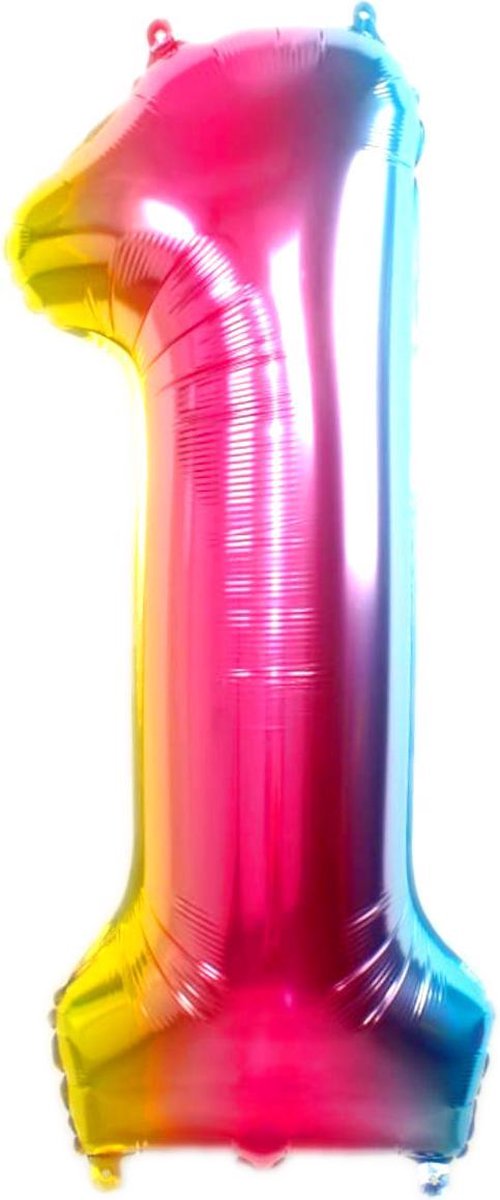 Folie Ballon Cijfer 1 Jaar Regenboog 86Cm Verjaardag Folieballon Met Rietje