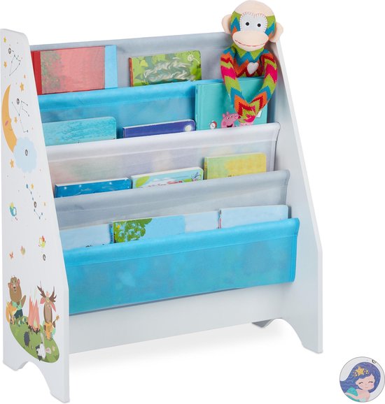 Relaxdays Kinderboekenkast Met 4 Hangvakken - Kampvuur Print Multicolor