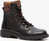 Groot leren meisjes veterboots met luipaardprint - Zwart - Maat 30