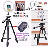 Super Tripod Camera Statief 128 Cm Zwart Inclusief LED Ring Lamp 22Cm + Bluetooth Remote Shutter – HiCHiCO