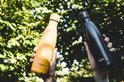 Gele fles met 'Steph' en zwarte fles met 'Mick', elk in een hand gehouden.
