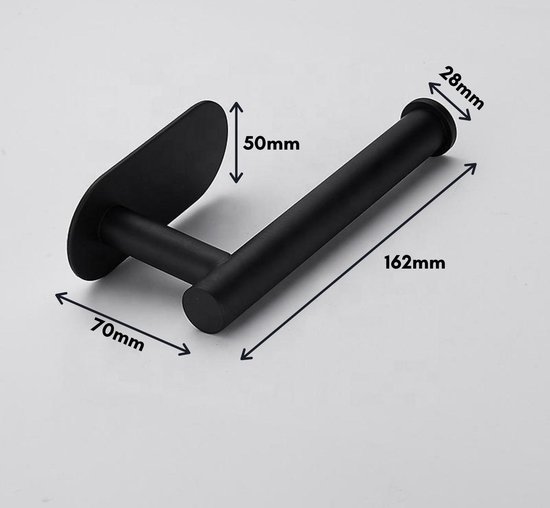 Dimensions du porte-rouleau toilette noir : 162mm de long, 70mm de profondeur, 50mm de haut, 28mm de diamètre.