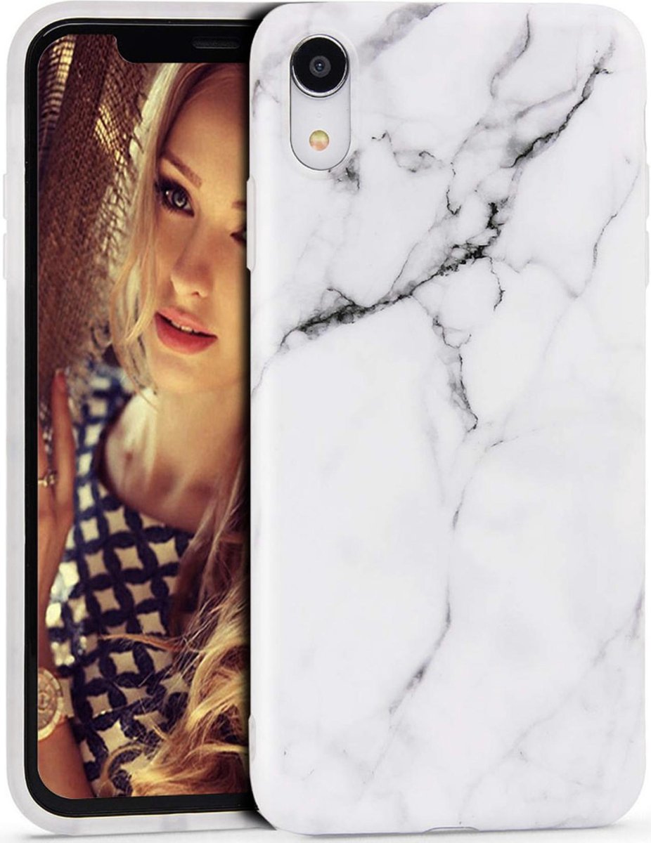 Geschikt voor Apple iPhone XR - Wit / Zwart - Marmer - Soft TPU Hoesje