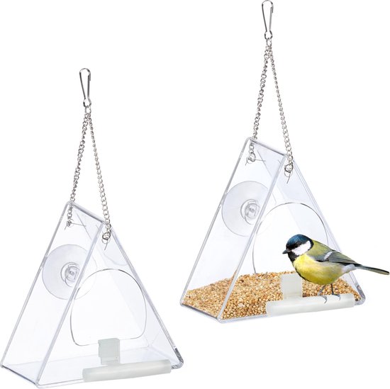 relaxdays 2 x fenêtre de mangeoire pour oiseaux - suspendue - transparente  - mangeoire