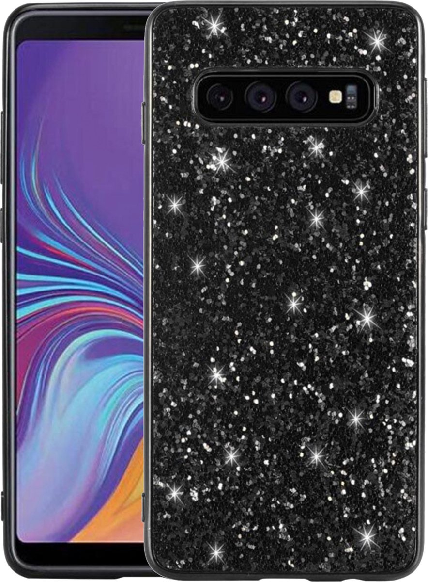 Geschikt voor Samsung Galaxy S10 Plus Backcover - Zwart - Glitters - Hard PC Hoesje