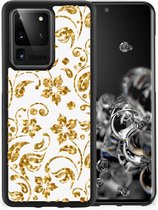 Back Cover Siliconen Hoesje Samsung Galaxy S20 Ultra Telefoonhoesje met Zwarte rand Gouden Bloemen