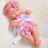 Kleine reborn baby pop 'Emmy' - 30 centimeter - Roze jurkje & haarband - Soft silicone - Waterproof