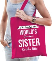 Worlds greatest SISTER cadeau tasje roze voor dames - verjaardag / kado tas / katoenen shopper voor zussen / zusjes