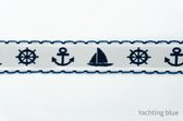 Geweven sierband -  blauw bootjes band - fournituren - lengte 2 meter - anker - stuurwiel - zeilboot - lint - stof - afwerkband - katoenen band - naaien - decoratieband -