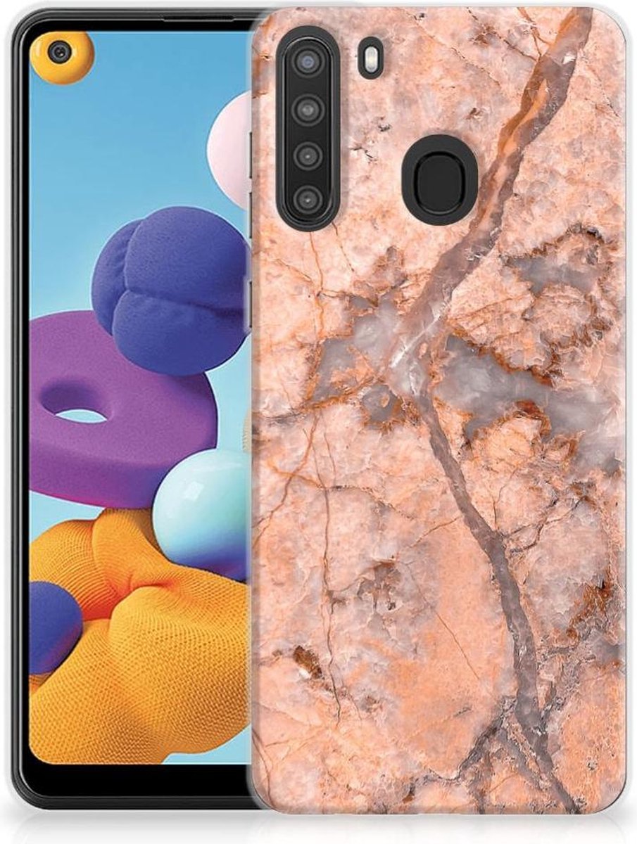 Samsung Galaxy A21 TPU Siliconen Hoesje Marmer Oranje