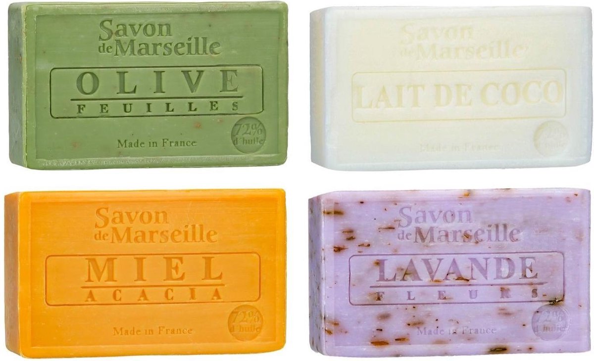 Goedkoopste Set Marseille zeep 4 x 100 gram in geuren olijven-kokosmelk-honing-lavendel Le Chatelard 1802 - Franse handzeep