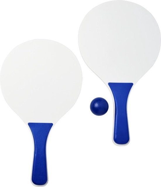 Blauw/witte beachball set buitenspeelgoed - Houten beachballset - Rackets/batjes en bal - Tennis ballenspel - Bullet