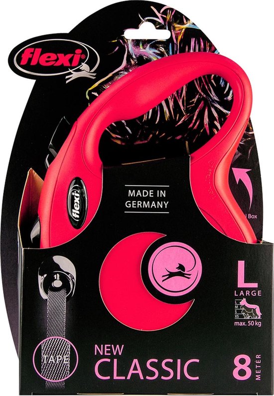 Emballage d'une laisse rouge Flexi New Classic de taille L, 8 mètres.