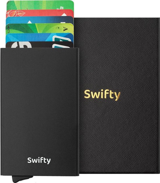 Swifty Uitschuifbare Pasjeshouder - Aluminium Creditcardhouder / Kaarthouder voor mannen en vrouwen - Anti-Skim / RFID Card Protector 7 tot 8 Pasjes - Zwart - Swifty