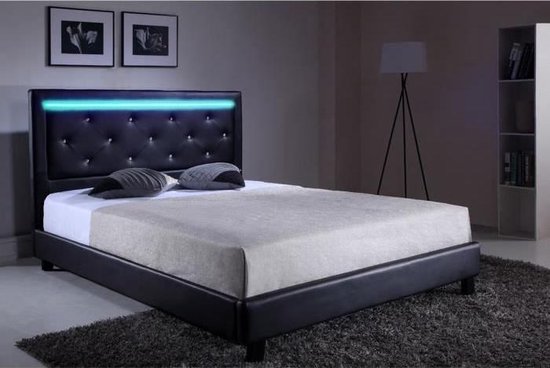 FILIP Lit contemporain imitation noir adulte - Sommier et tête de lit avec  LED inclus... | bol.com