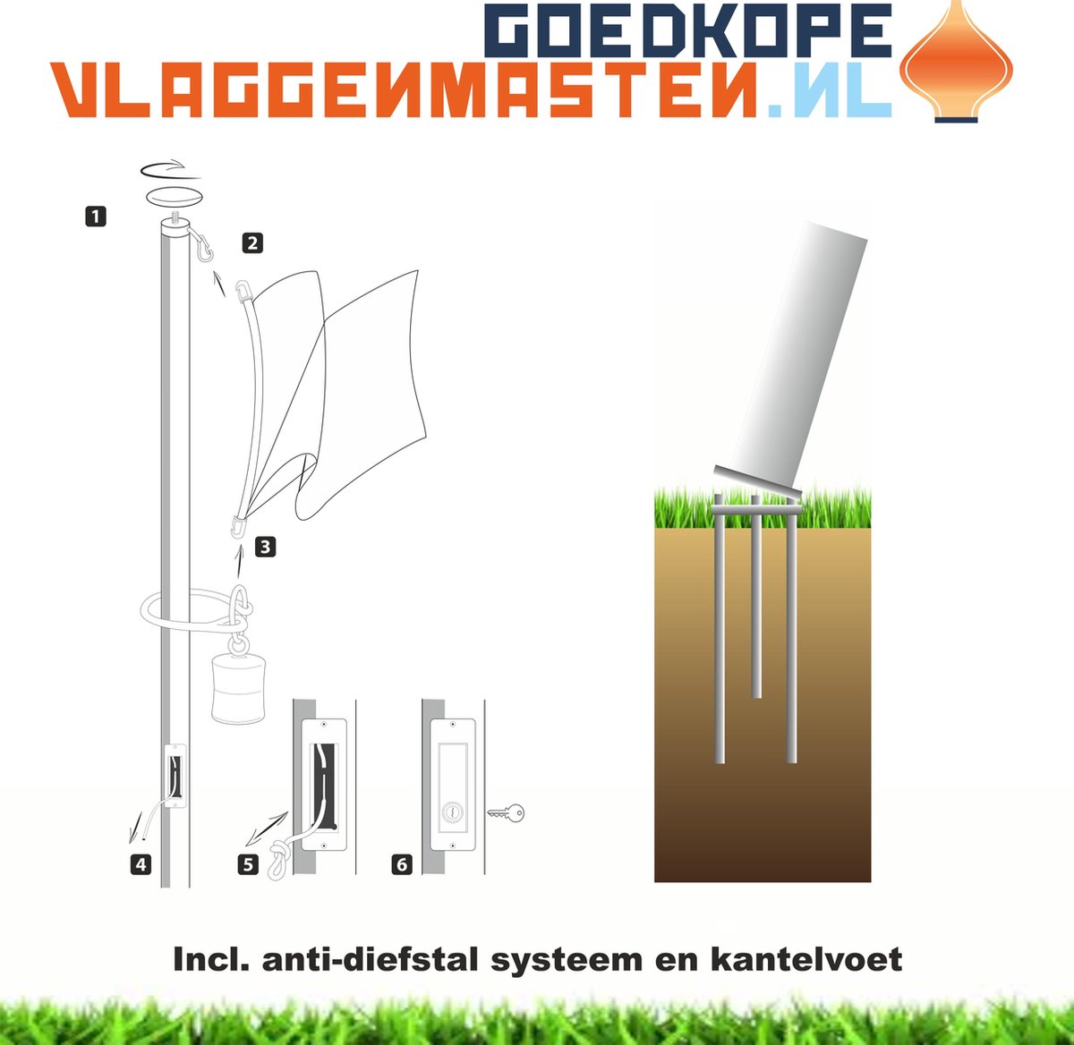 Vlaggenmast wit, 8 meter, diameter 85 mm. Aluminium clilindrisch, wit gecoat incl. anti-diefstal systeem met cilinderslot, oranje knop en contra-gewicht, en kantelvoet. Type BASIC SAFE 8508W2C - goedkope-vlaggenmasten.nl