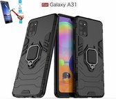 Samsung Galaxy A31 Robuust Kickstand Shockproof Zwart Cover Case Hoesje - 1 x Tempered Glass Screenprotector ATBL