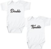 Romper tweeling - Double Trouble - Romper wit - Maat 74/80 - Kraamcadeau tweeling - Tweeling cadeau - Baby cadeau tweeling - Tweeling geboren