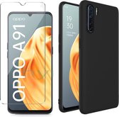 Oppo A91 & Reno 3 Hoesje Zwart - Siliconen Back Cover & Glazen Screenprotector